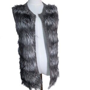 One World Faux Fur Long Vest Medium Gray Open Front Boho Layering